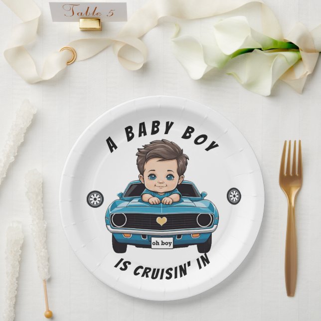 Classic Race Car Baby Boy Cruisin' In Shower Paper Plate (Wedding)