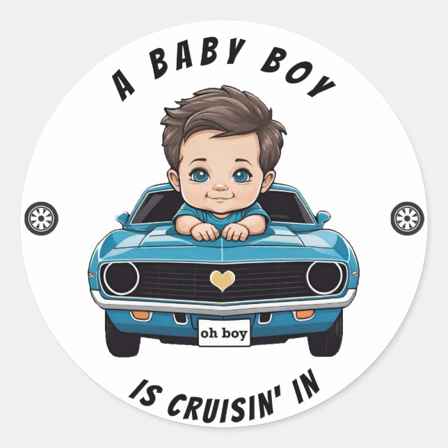 Classic Race Car Baby Boy Cruisin' In Shower Round Sticker (Front)
