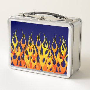 Classic Racing Flames Fire on Navy Blue Metal Lunch Box