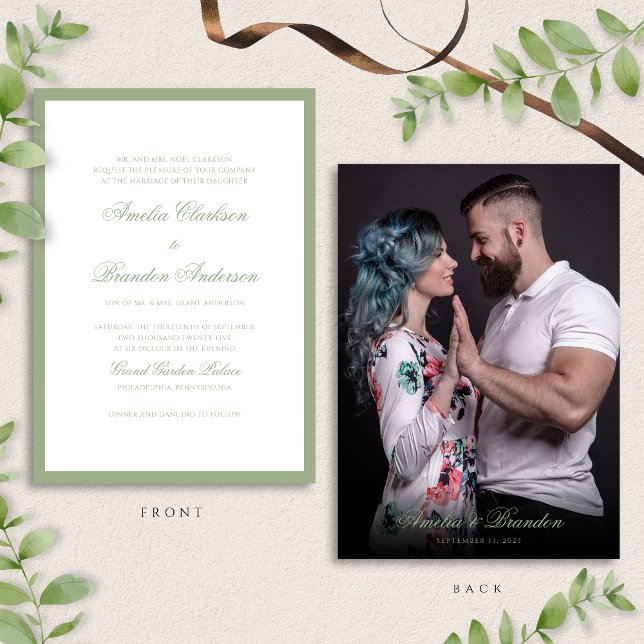 Classic Real Sage Green Script & Photo Wedding Invitation (Creator Uploaded)