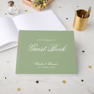 Classic Real Sage Green & White Script Wedding Guest Book