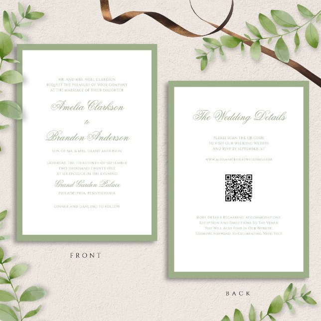 Classic Real Sage Green & White Wedding QR Code Invitation (Creator Uploaded)