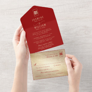 Classic Rectangle Double Happiness Chinese Wedding All In One Invitation