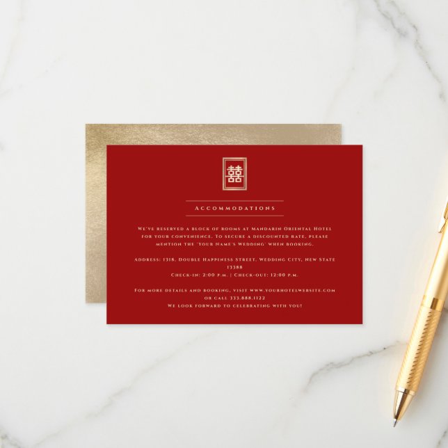 Classic Rectangle Double Happiness Chinese Wedding Enclosure Card (Front/Back In Situ)