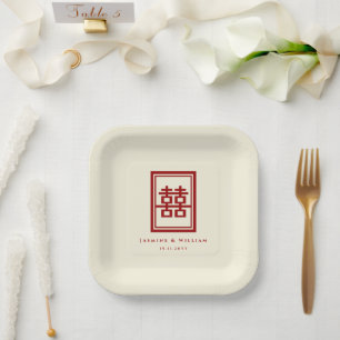 Classic Rectangle Double Happiness Chinese Wedding Paper Plate