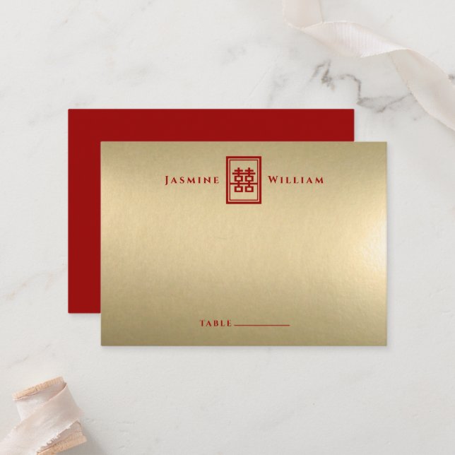 Classic Rectangle Double Happiness Chinese Wedding Place Card (Front/Back In Situ)