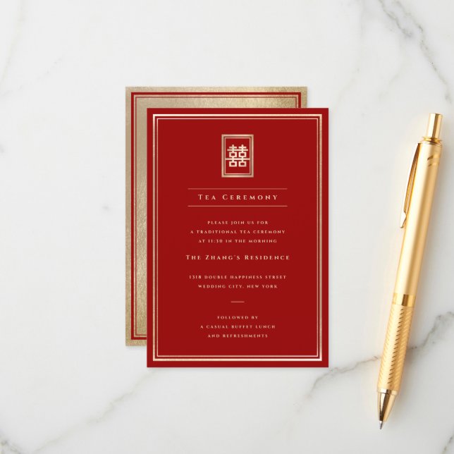 Classic Rectangle Double Happiness Tea Ceremony Enclosure Card (Front/Back In Situ)