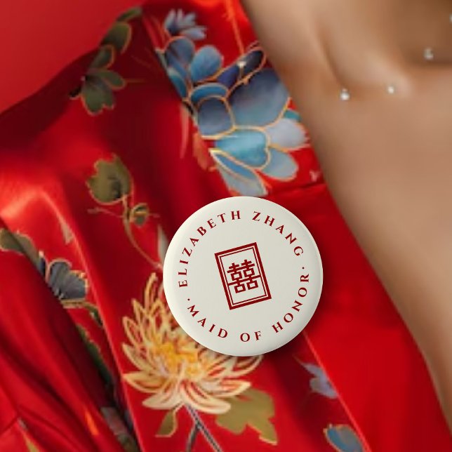 Classic Rectangle Double Xi Chinese Wedding Party 6 Cm Round Badge (Red/Ivory Classic Rectangle Double Happiness Chinese Wedding Party Pin Button @ fatfatin_red_knot)