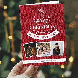 Classic Red 3 Photo Family Reindeer Christmas Holiday Card