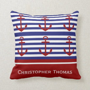 Classic Red Anchors on Blue and White Personalised Cushion