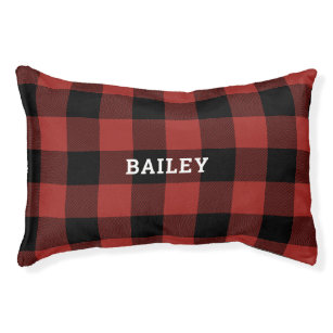 Classic Red and Black Buffalo Check Plaid Monogram Pet Bed
