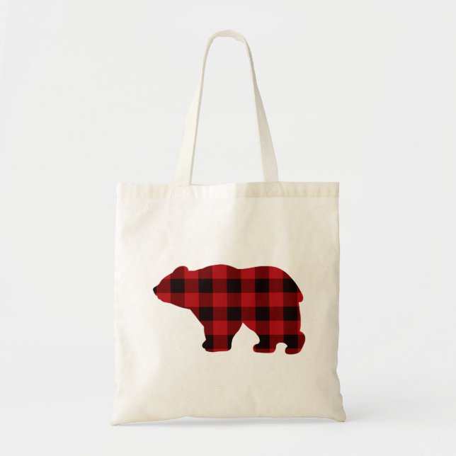 Classic red and black plaid Bear design Tote Bag (Front)