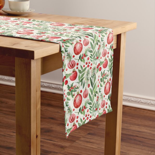 Classic Red and Green Baubles with Foliage Long Table Runner (In Situ)