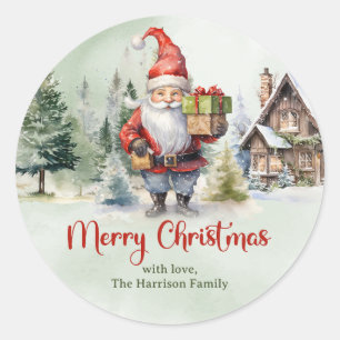 Classic red and green cute gnome with gifts classic round sticker