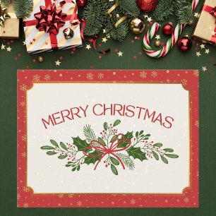 Classic Red and Green Holly Merry Christmas Postcard