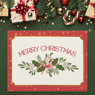 Classic Red and Green Holly Merry Christmas Postcard