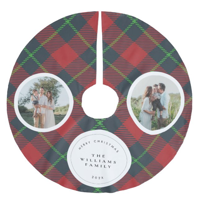 Classic Red and Green Plaid Family Photo Holiday Brushed Polyester Tree Skirt (Front)