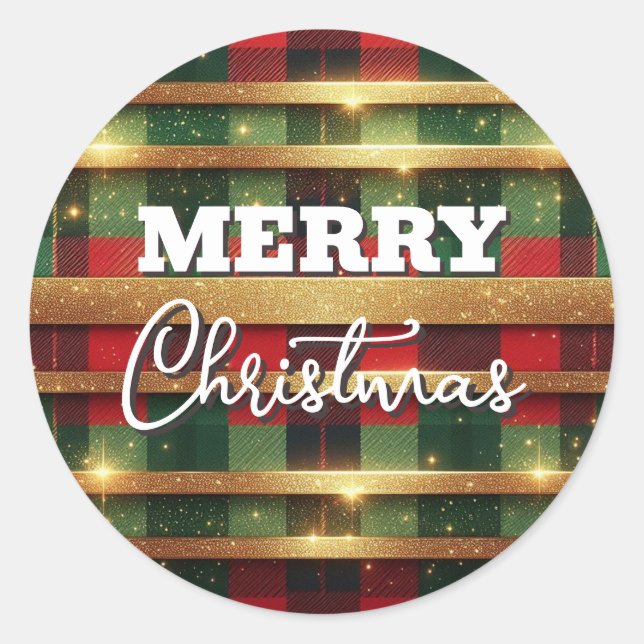 Classic Red and Green Plaid Sparkling Gold Stripes Classic Round Sticker (Front)