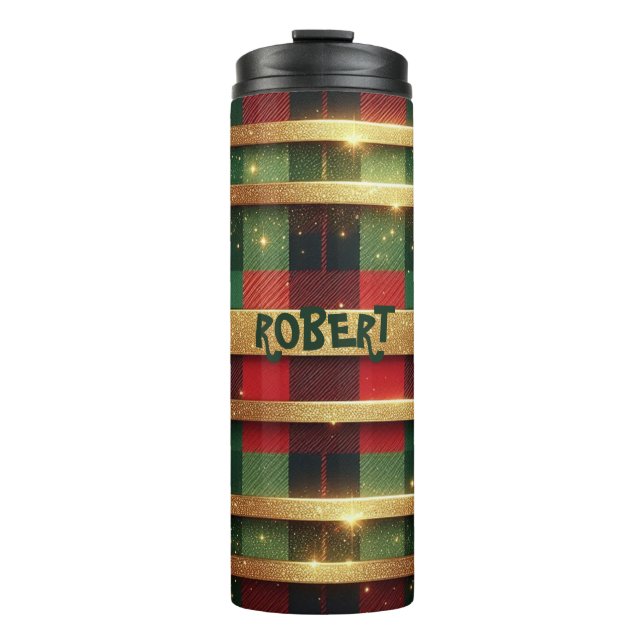 Classic Red and Green Plaid Sparkling Gold Stripes Thermal Tumbler (Front)