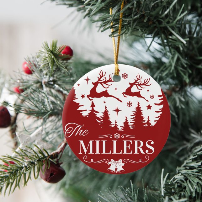 Classic Red and White Christmas Custom Family Name Ceramic Tree Decoration (Classic Red and White Christmas Custom Family Name Ceramic Ornament - Just add your family name!)