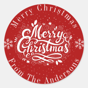 Classic Red and White Custom Merry Christmas Round Sticker