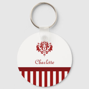 Classic Red and White Damask With Stripes And Name Key Ring