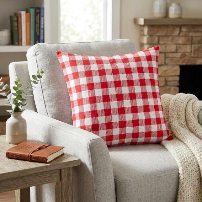 Classic Red and White Gingham Plaid Cushion (Classic Red and White Gingham Plaid Throw Pillow)