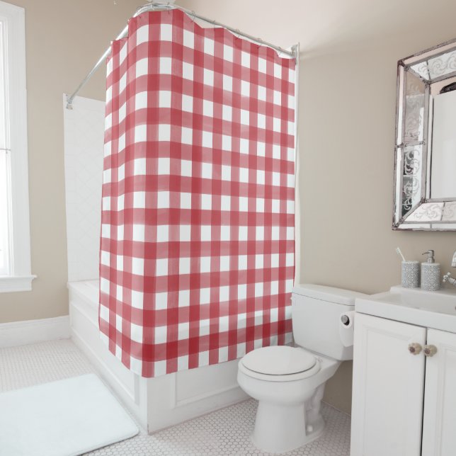 Classic Red and White Gingham Plaid Patterned Shower Curtain (In Situ)