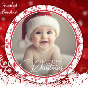 Classic Red And White Merry Christmas Photo Classi Classic Round Sticker