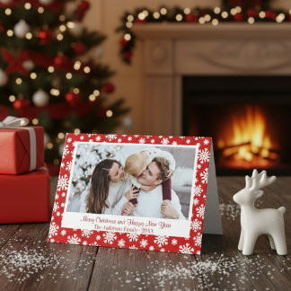 Classic Red And White Snowflake Christmas Photo Holiday Card