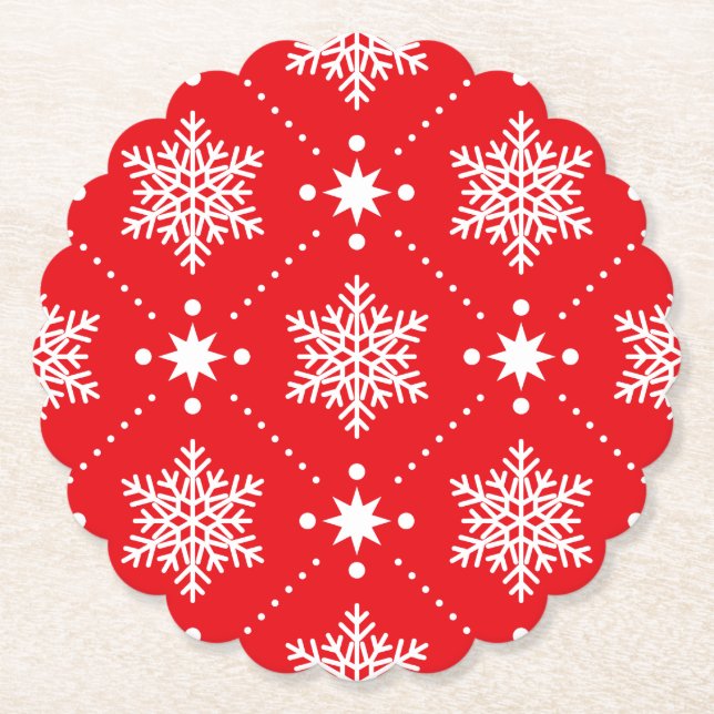 Classic Red and White Snowflakes Christmas Pattern Paper Coaster (Front)