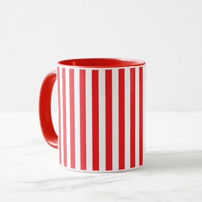 Classic Red and White Vertical Stripes Pattern Mug (Front Left)