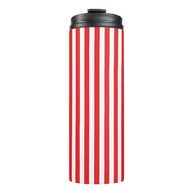 Classic Red and White Vertical Stripes Pattern Thermal Tumbler (Front)