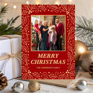 Classic Red & Antique-Gold Family Photo Christmas Holiday Card