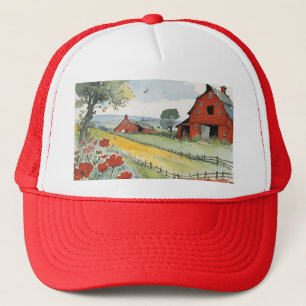 Classic Red Barn and Farmland with Wildflowers Trucker Hat