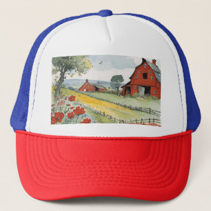 Classic Red Barn and Farmland with Wildflowers Trucker Hat