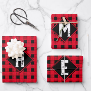 Classic red & black buffalo plaid Monogram initial Wrapping Paper Sheet