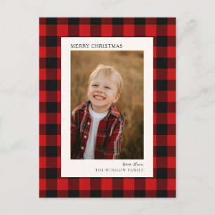 Classic Red & Black Buffalo Plaid Photo Christmas Holiday Postcard