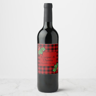 Classic red black plaid christmas holly wine label