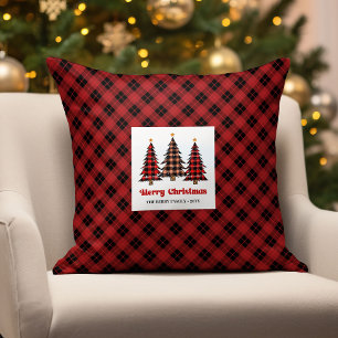 Classic Red Black Plaid Christmas Trees Pillow