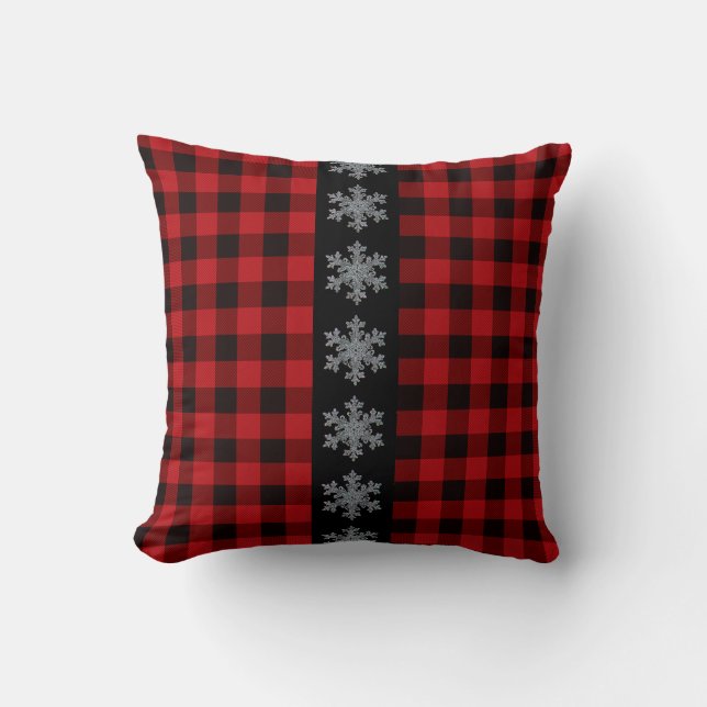 Classic red black plaid holiday snowflakes cushion (Front)