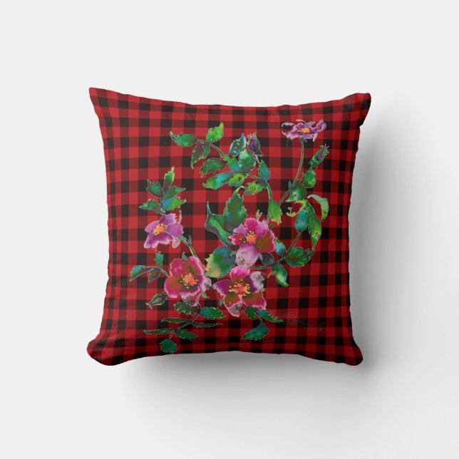 Classic red black plaid pattern watercolor floral cushion (Front)
