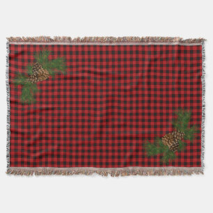 Classic red black plaid rustic pinecone throw blanket