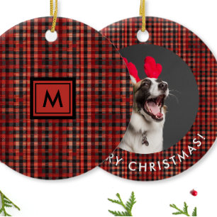 Classic Red Black Plaid Tartan Pattern Monogram Ceramic Tree Decoration