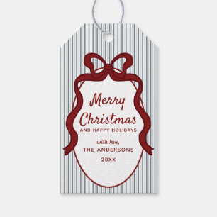 Classic Red Blue Stripes & Bow Frame Christmas Gift Tags