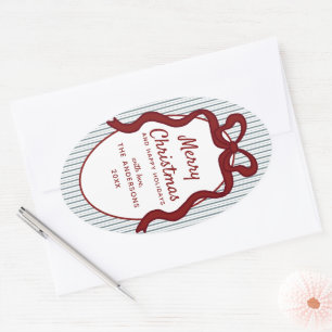 Classic Red Blue Stripes & Bow Frame Christmas Oval Sticker