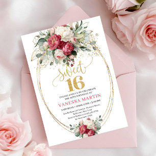 Classic Red Blush Floral Sweet 16 Birthday Invite