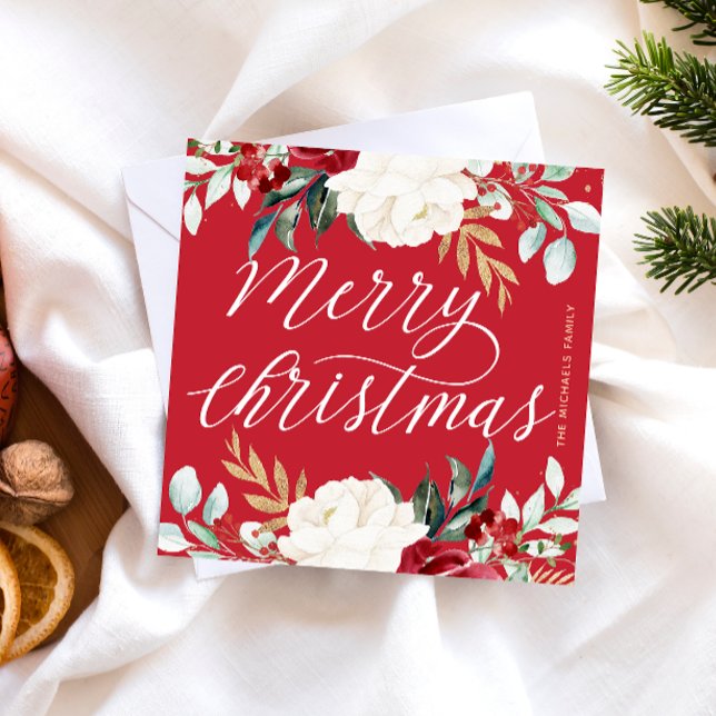 Classic Red Botanical Floral Merry Christmas Card (Creator Uploaded)