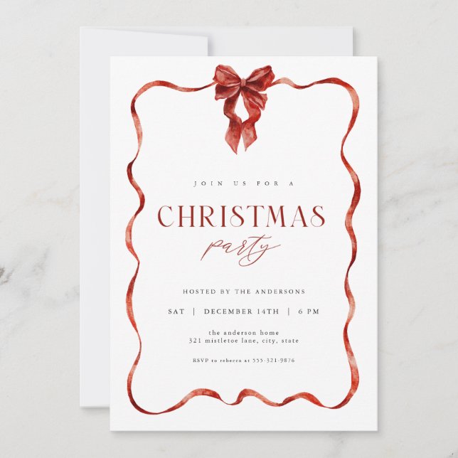 Classic Red Bow Ribbon Christmas Party Invitation (Front)