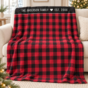 Classic Red Buffalo Plaid Family Name Fleece Blanket